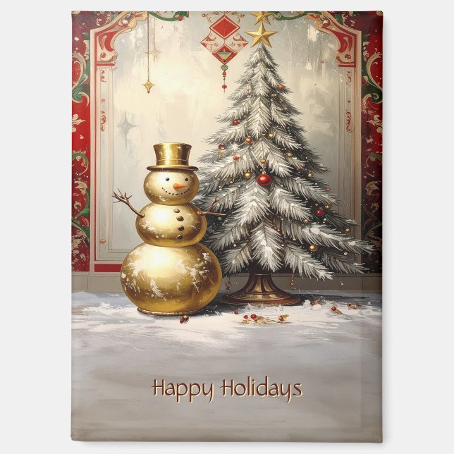 Gold Snowman Christmas Tree Holiday Magnet (Front)