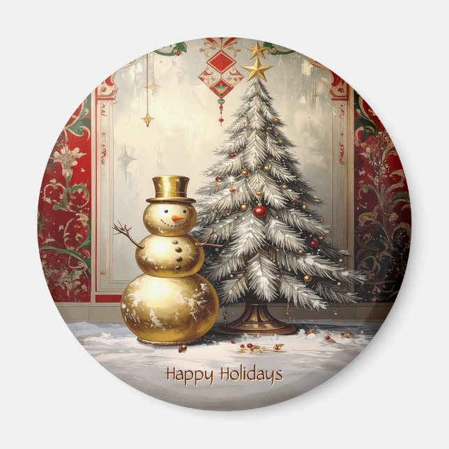 Gold Snowman Christmas Tree Holiday Magnet (Front)