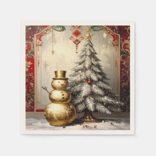 Gold Snowman Christmas Tree Holiday Napkin