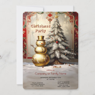 Gold Snowman Christmas Tree Holiday Party Invitation