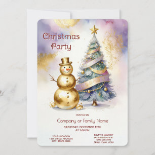 Gold Snowman Christmas Tree Holiday Party Invitation
