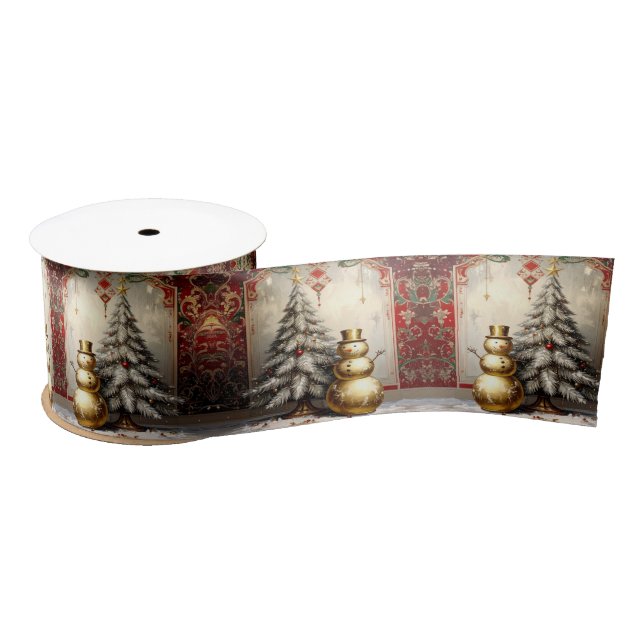Gold Snowman Christmas Tree Holiday Satin Satin Ribbon (Spool)