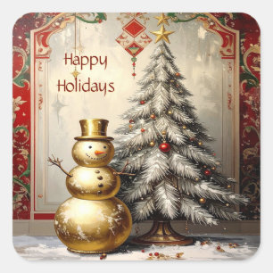 Gold Snowman Christmas Tree Holiday Sticker