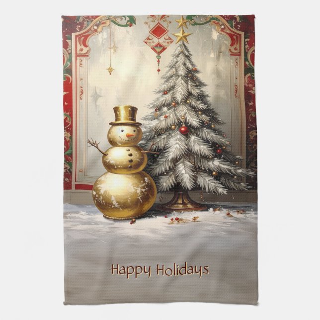 Gold Snowman Christmas Tree Holiday Tea Towel (Vertical)
