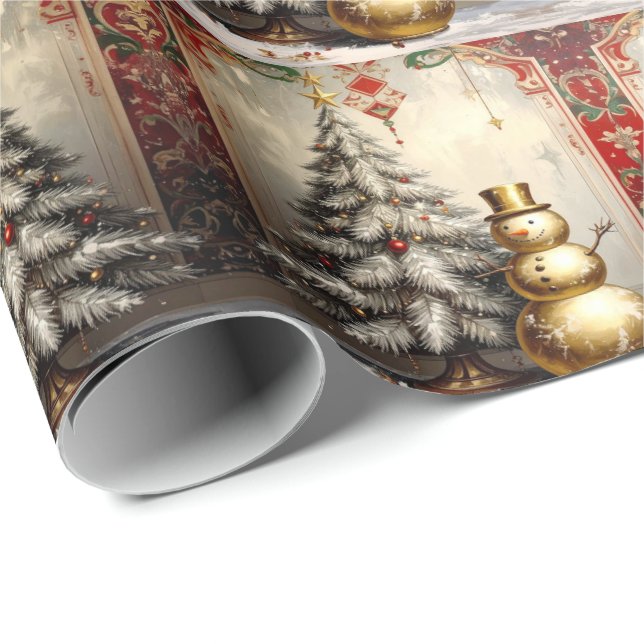 Gold Snowman Christmas Tree Holiday Wrapping Paper (Roll Corner)
