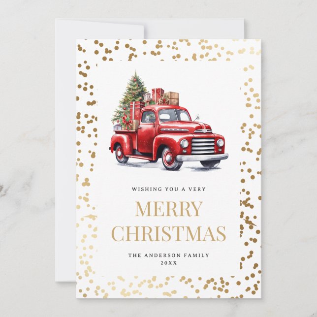 Gold Snowy Watercolor Red Truck Christmas Tree Holiday Card (Front)