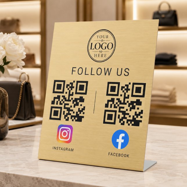 Gold Social Media QR Code Tabletop Display Pedestal Sign (Creator Uploaded)