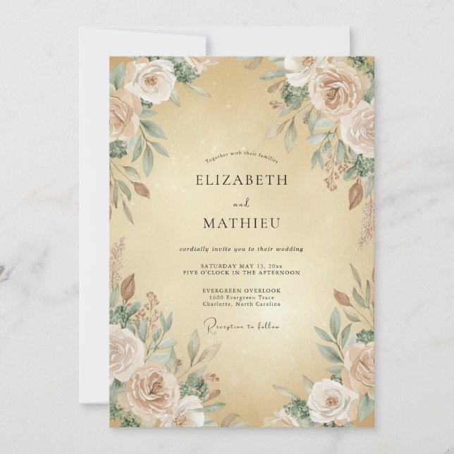 Gold Soft Cream Ranunculus Eucalyptus Wedding Invitation (Front)