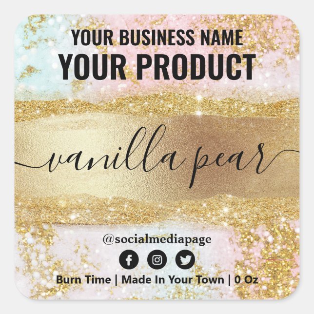 Gold Soy Candle Labels With Pastel Glitter Marble (Front)