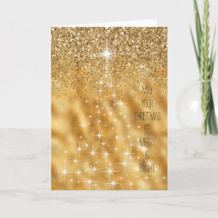 Gold Sparking Lights Merry & Bright Christmas Tree Holiday Card