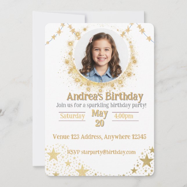 Gold Sparking Star Picture Birthday Invitation (Front)