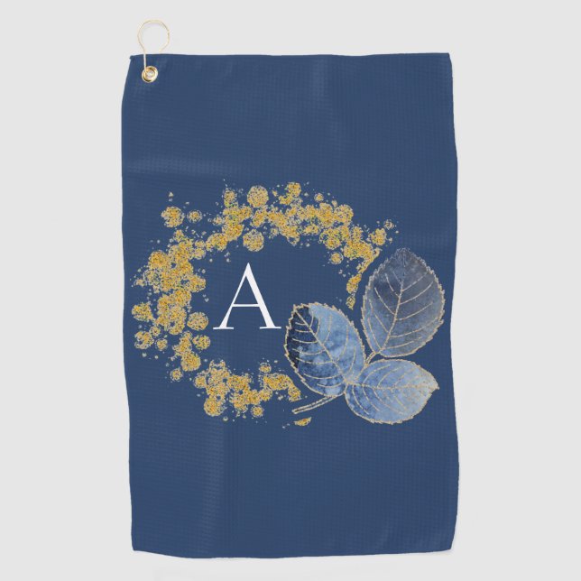 Gold Sparkle and Blue Leaf Monogram Add Your Name Golf Towel (Front)