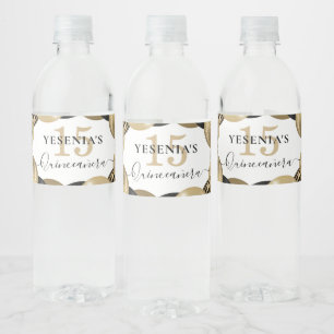 Gold Sparkle Black Quinceanera Balloon Water Bottle Label