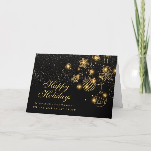 Gold Sparkle Christmas Balls Corporate Greeting Holiday Card (Front)