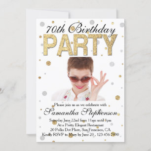 Gold Sparkle Confetti Photo 70th Birthday Party Invitation