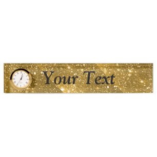 Gold Sparkle Desk Nameplate with Clock