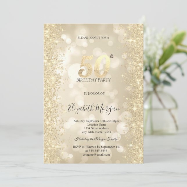 Gold Sparkle Diamonds Bokeh 50th Birthday   Invitation (Standing Front)