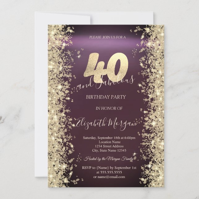 Gold Sparkle Diamonds Burgundy 40th Birthday   Invitation (Front)