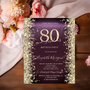 Gold Sparkle Diamonds Burgundy 80th Birthday   Invitation