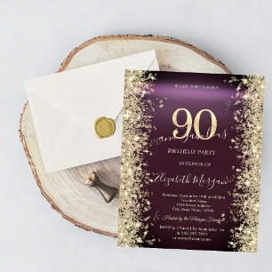 Gold Sparkle Diamonds Burgundy 90th Birthday   Invitation