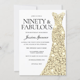 Gold Sparkle Dress 90 & Fabulous 90th Birthday Invitation