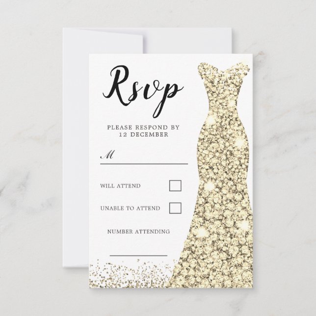 Gold Sparkle Dress All Occasion Birthday Bridal RSVP Card (Front)