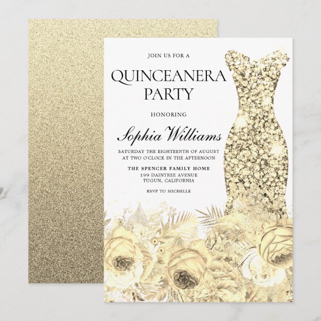 Gold Sparkle Dress & Flowers Quinceanera Party Invitation (Front/Back)