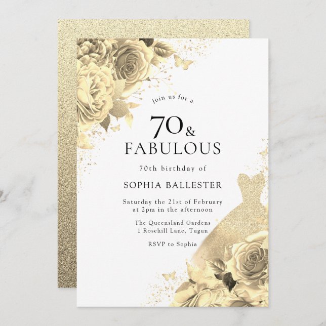 Gold Sparkle Dress & Flowers Womans 70th Birthday Invitation (Front/Back)