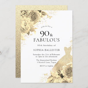 Gold Sparkle Dress & Flowers Womans 90th Birthday Invitation
