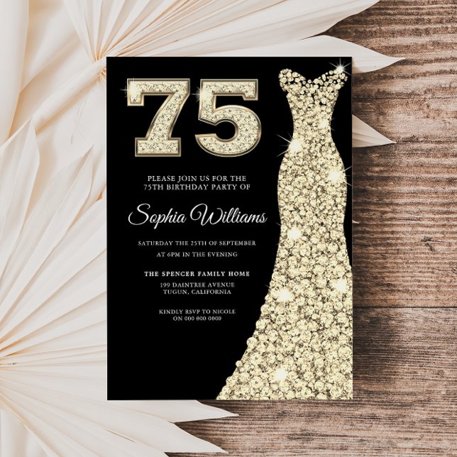 Gold Sparkle Dress Woman Black 75th Birthday Party Invitation (Creator Uploaded)