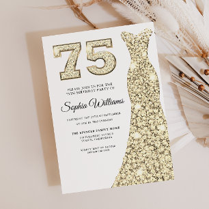 Gold Sparkle Dress Womans 75th Birthday Party Invitation