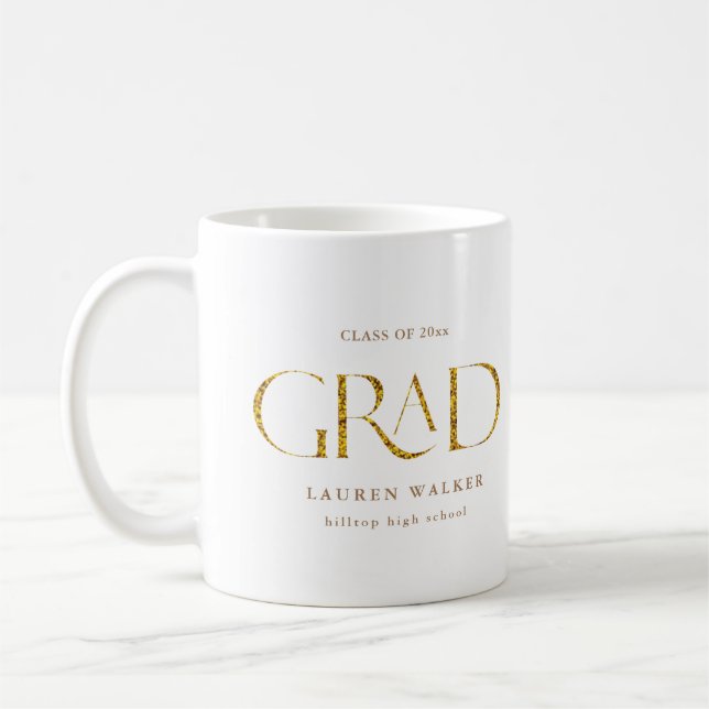 gold sparkle elegant script graduate coffee mug (Left)