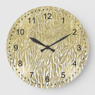 Gold Sparkle Faux Glitter Zebra Print Large Clock