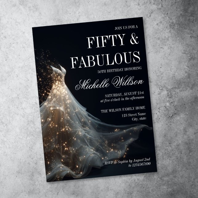 Gold Sparkle Fifty and Fabulous Gown Dress Invitation (elegant white dress with golden sparkle and glitter, 50 and fabulous birthday invitation)