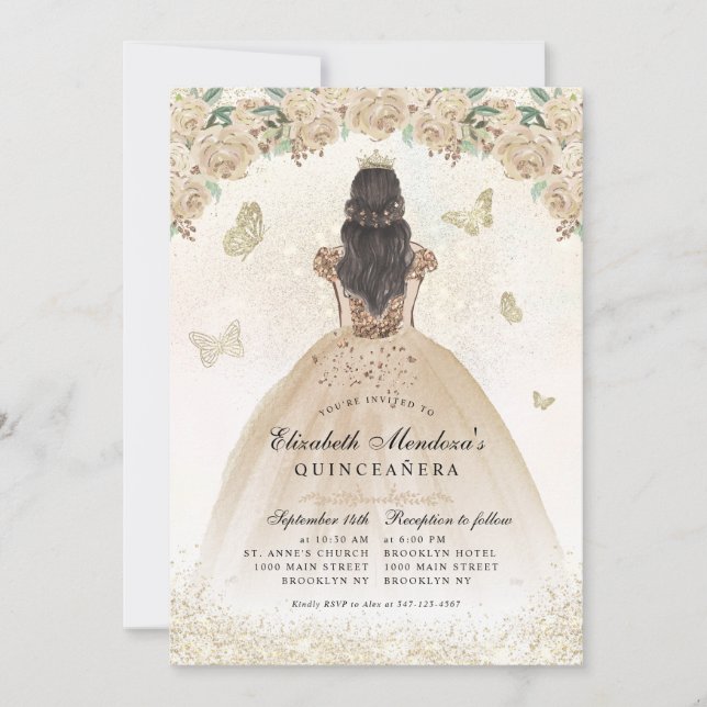 Gold Sparkle Floral Princess Quinceañera Birthday Invitation (Front)