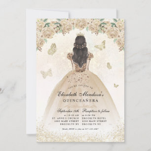 Gold Sparkle Floral Princess Quinceañera Birthday Invitation
