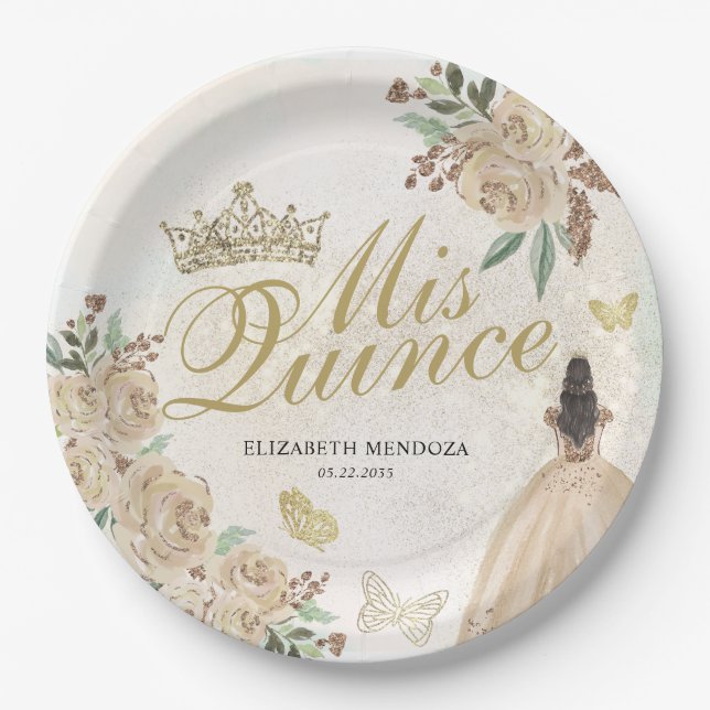 Gold Sparkle Floral Princess Quinceañera Birthday Paper Plate (Front)
