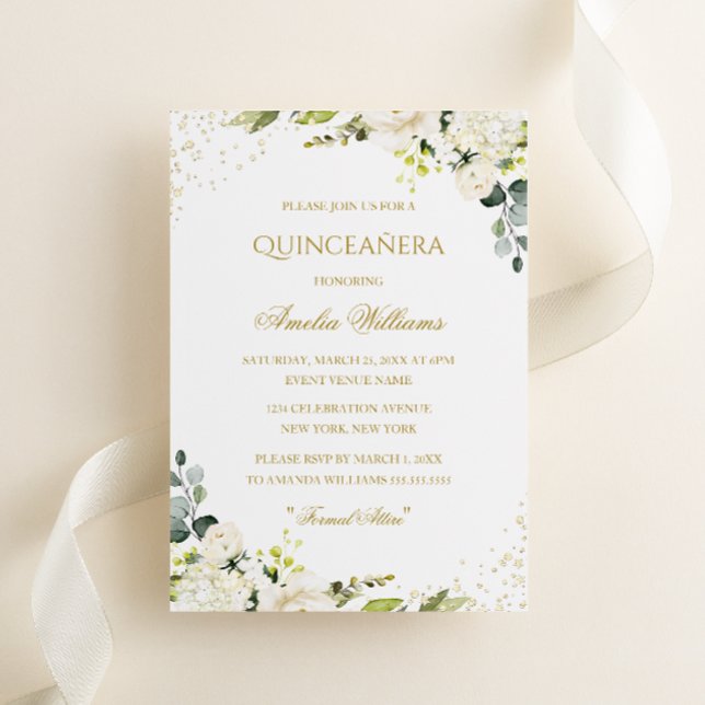 Gold Sparkle Floral Quinceanera Invitation (Creator Uploaded)