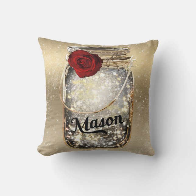 Gold Sparkle Glam Red Rose Mason Jar Cushion (Front)