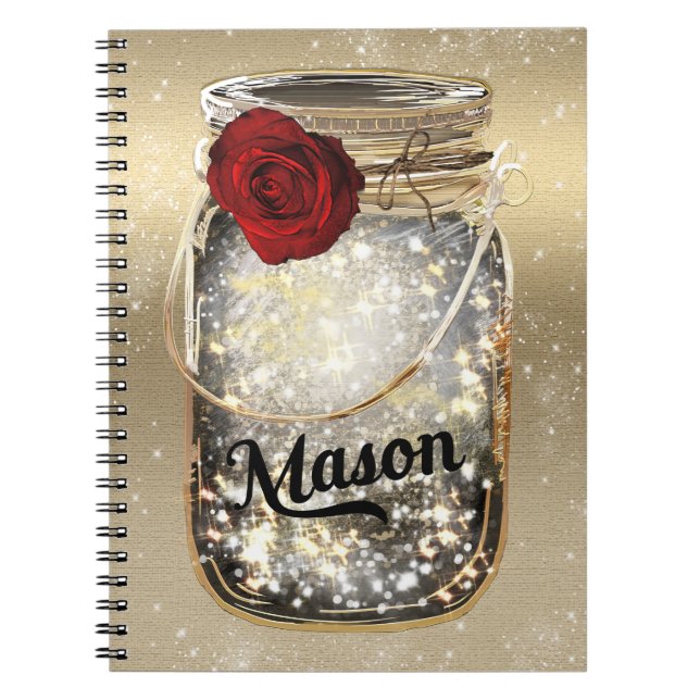 Gold Sparkle Glam Red Rose Mason Jar Notebook (Front)