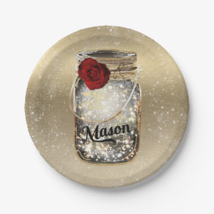 Gold Sparkle Glam Red Rose Mason Jar Party Paper Plate