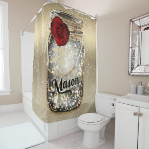 Gold Sparkle Glam Red Rose Mason Jar Shower Curtain