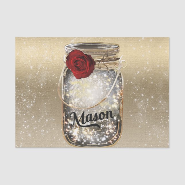 Gold Sparkle Glam Red Rose Mason Jar Tissue Paper (Front)