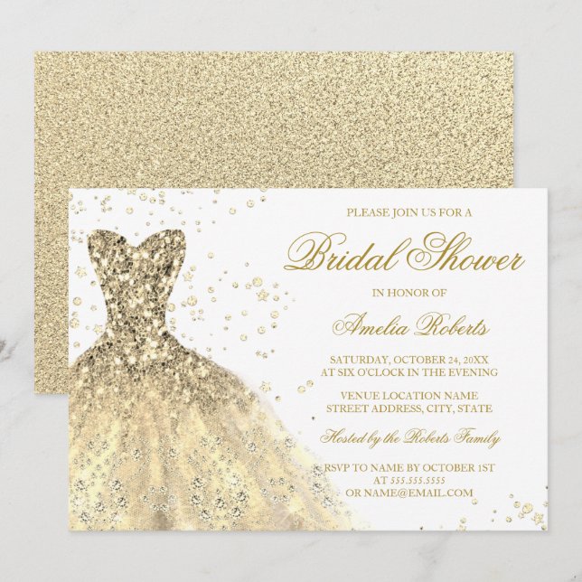 Gold Sparkle Glitter Dress Bridal Shower Invitation (Front/Back)
