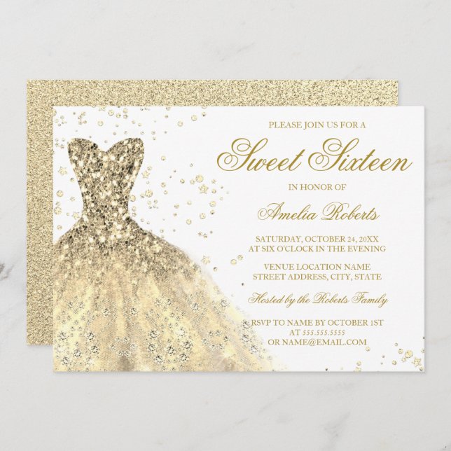 Gold Sparkle Glitter Dress Sweet 16 Birthday Invitation (Front/Back)