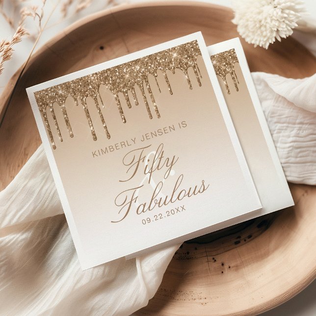 Gold Sparkle Glitter Drip 50 and Fabulous Birthday Napkin (Creator Uploaded)