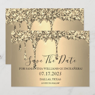 Gold Sparkle Glitter Drips Quinceanera Save The Date