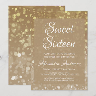 Gold Sparkle Glitter Lights Sweet 16 Birthday Invitation
