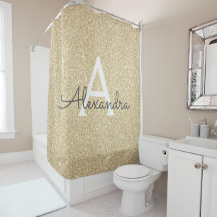 Gold Sparkle Glitter Monogram Name Bathroom Shower Curtain