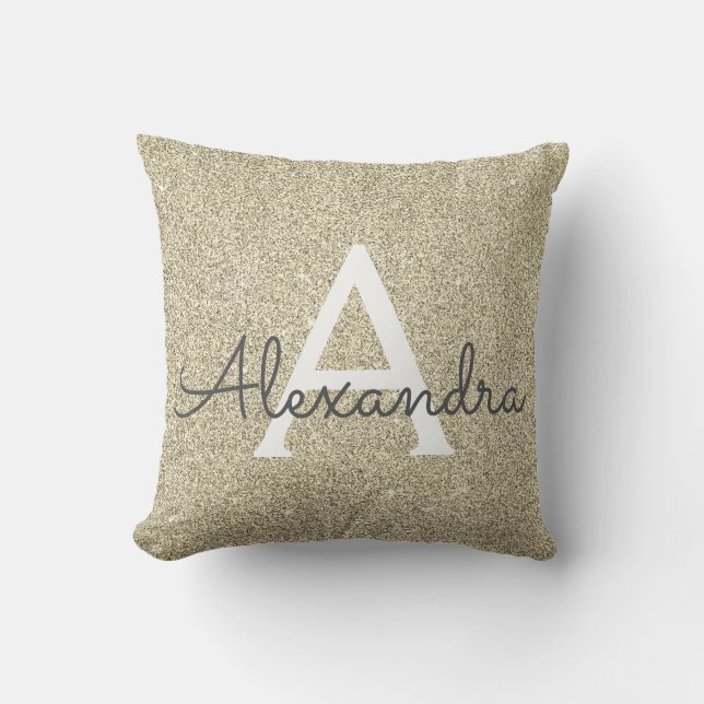 Gold Sparkle Glitter Monogram Name & Initial Cushion (Front)